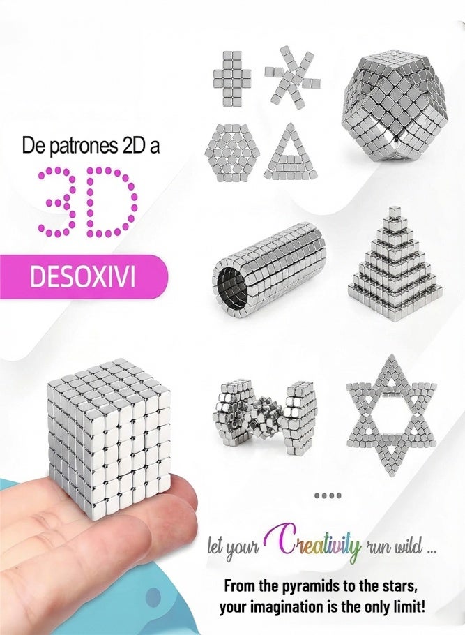 SHABILI 216Pcs 5mm Silver Magnetic Cube Building Set for Teens & Adults 14+, Strong Metal Magnetic Blocks for 2D 3D Shapes and Creative Play, Stress Relief Desk Toy Improves Focus Hand Skills with Storage Box (Silver) - Image 2